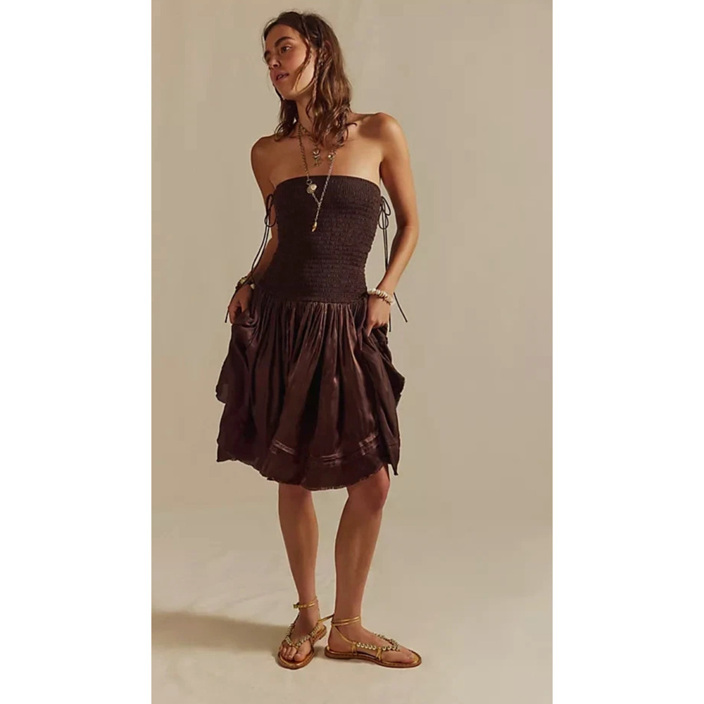 FREE PEOPLE FP ONE BROWN MAYA CONVERTIBLE MIDI SKIRT STRAPLESS DRESS SZ S